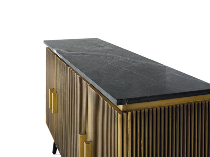 Buffet 4 portes en bois de manguier avec plateau en marbre et finition bronze, 150x40x86 cm - Meuble de rangement élégant
